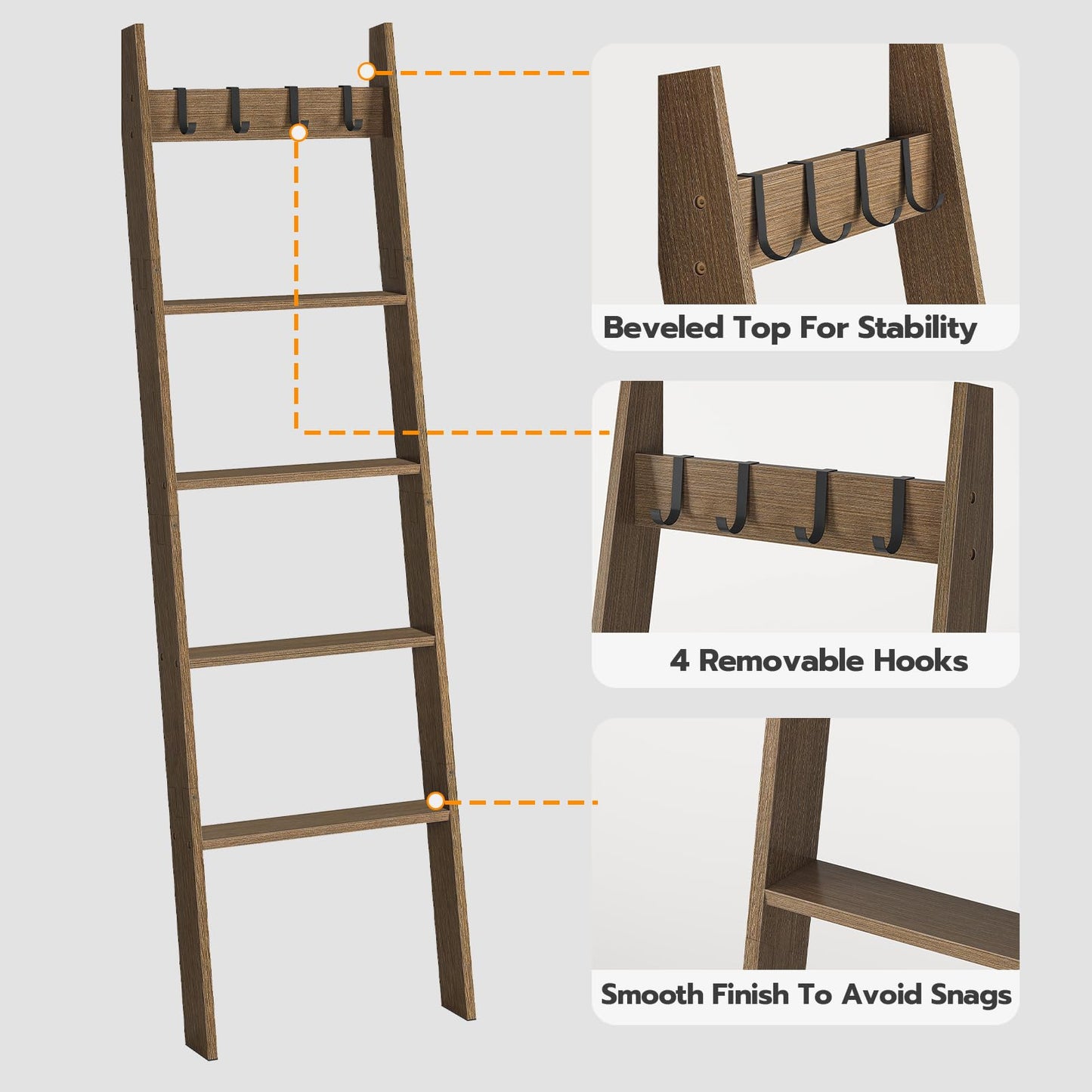 HOOBRO Blanket Ladder, 5-Tier Towel Rack with Hooks, Wall-Leaning Blanket Rack, Decorative Display Ladder Shelf, Scarves, Living Room, Bedroom, Bathroom BF52-51CJ01