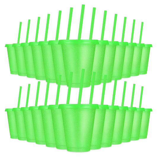 LEIFEOSH 24 Pcs Plastic Tumblers with Lids and Straws, Reusable Cups with Lids Plastic Colorful Cups for Party Birthday, Iced Coffee Cup Travel Mug Cold Drink Cups Tumblers Bulk (16 oz, Green)