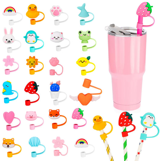 Nuenen 24 Pcs Straw Covers Caps Silicone Reusable Topper Tips Cute Cartoon Lids Splash Proof Plug for 6-8 mm Straws Tumblers Summer Beach Party Favors Home Kitchen Accessories