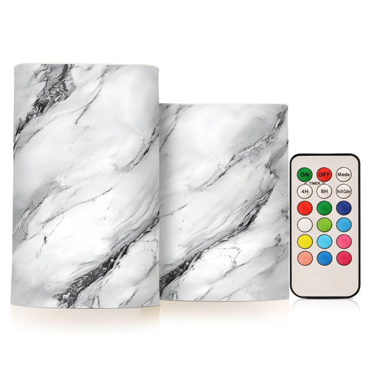 panksolu Flickering Flameless Candles, Black White Marble LED Candles with Remote Timer, Battery Operated Candle for Valentine Wedding Halloween Christmas Decor - Set of 2