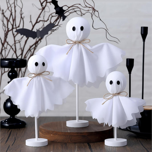 Yousoontic Ghosts Decorations Indoor Set of 3 Primitive Ghosts on Wooden Stand Farmhouse Rustic Table Decor Ghost Stand for Centerpieces Shelves Mantels Tiered Trays Home
