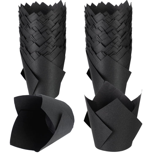 Jutom 200 Pack Tulip Cupcake Liners Paper Baking Cups Greaseproof Muffin Liners Grease Resistant Cupcake Wrappers for Weddings Birthday Cake Balls Muffins Candy Jelly Party(Black)