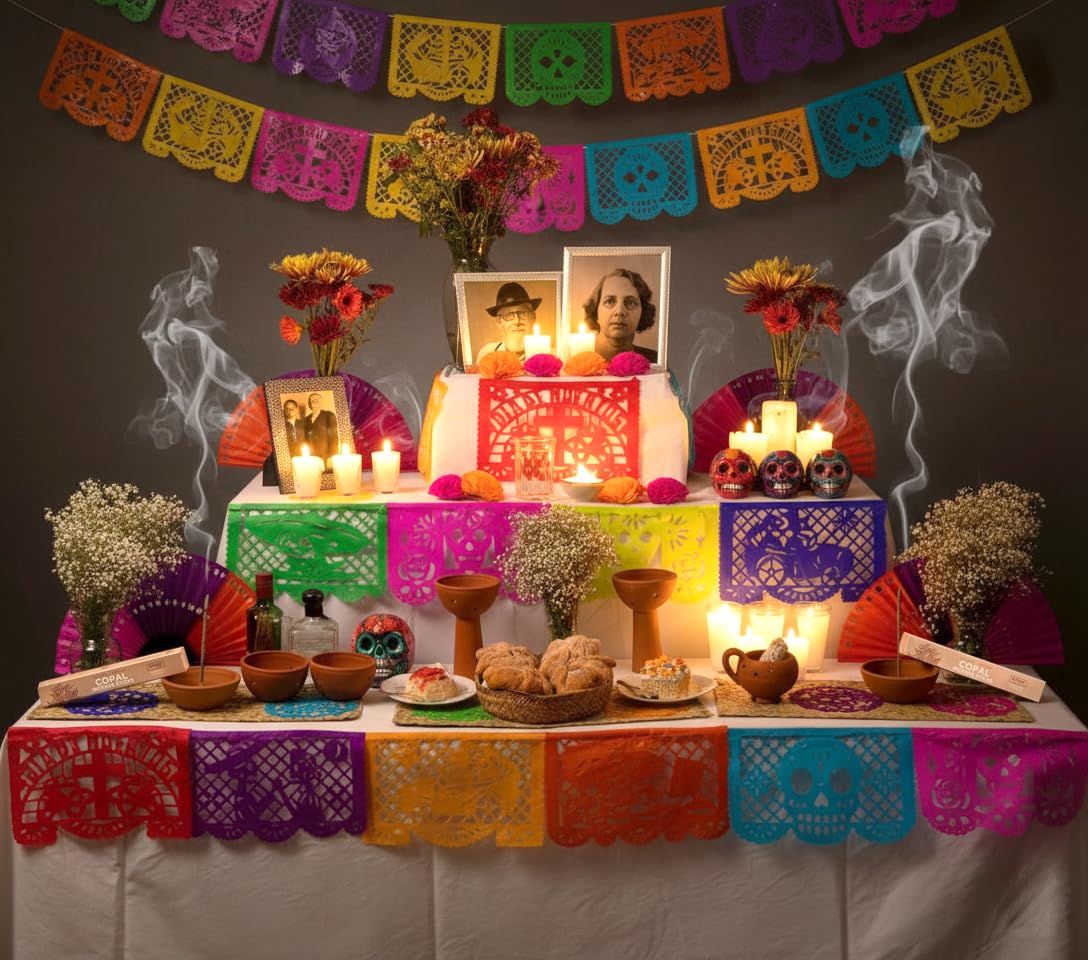 Dia de Los Muertos Ofrenda/Day of The Dead Altar Decor Complete -kit: All You Need to Set-up Your Traditional Dia de Muertos Ofrenda : Flowers, Candles, Day of The Dead Incense & More.