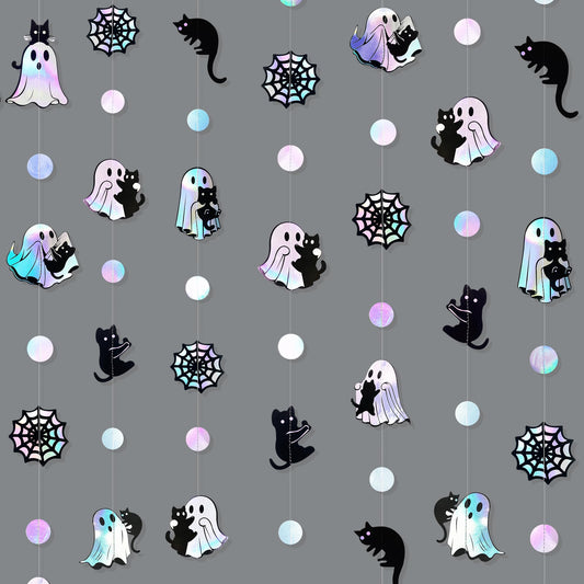 Iridescent Black Halloween Decorations Holographic Ghost Black Cat Spider Web Polka Dot Paper Hanging Garland Streamer Banner for Halloween Birthday Baby Shower Bachelorette Wedding Party Supplies