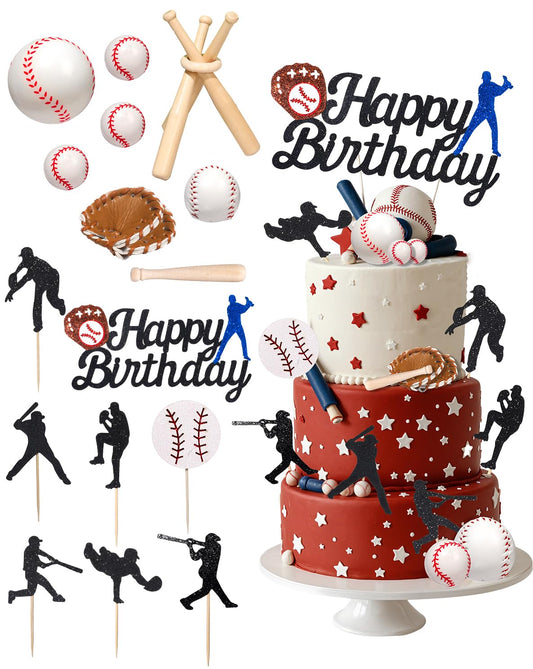 RAYNAG 16 Pcs Baseball Cake Topper Set – Happy Birthday Cake Topper with Baseball Stand, Glove & Foam Baseballs, Baseball Theme Party Supplies for Boys & Sports Lovers, Baseball Birthday Decorations