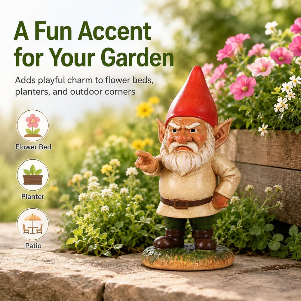 QIANLING 6.3" Garden Gnomes Outdoor, Angry Garden Gnome Statue, Funny Resin Gnome Garden Decor, Garden Gnomes for Yard Lawn Patio Porch Flower Bed Decor, Red Hat Gnome Gift for Garden Lovers