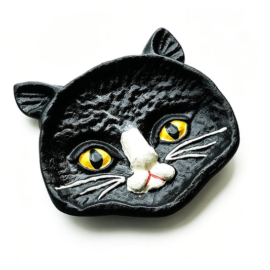 Womeet Black Cat Face Cast Iron Trinket Dish, Gothic Kitten Jewelry Tray, Small Decorative Cat Ring Holder for Earrings Necklings Rings, Halloween Home Decor Storage Dish for Vanity Countertop