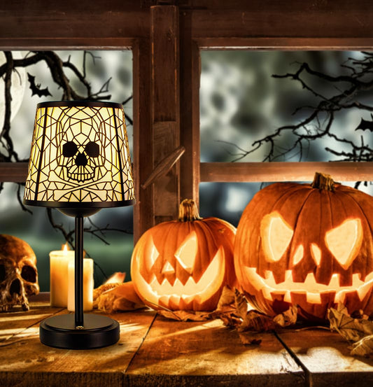 Skull and Crossbones Table Lamps, Black Base with Decorative Shade, 3-level brightness touch Halloween Gothic style table lamp, suitable for/bar/restaurant/bedroom/decorative lighting, 2 packs. ﻿