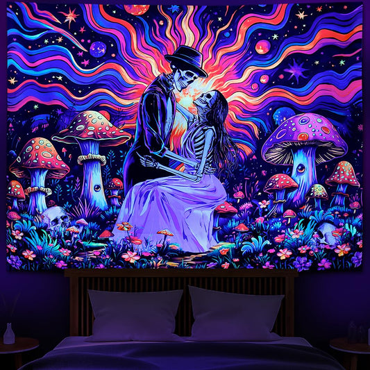 Heopapin Blacklight Skull Tapestry UV Reactive Neon Mushroom Wall Hanging Fantasy Galaxy Space Tapestries Skeleton Lovers Plants Floral Tapestry for Bedroom 59.1L x 51.2W