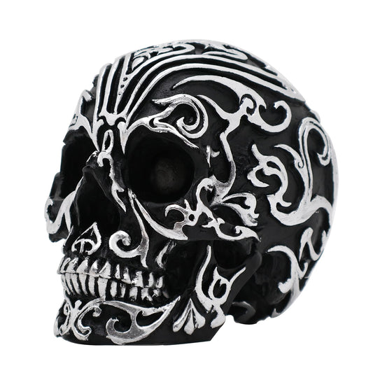 Kreovaor Gothic Skull Head Home Decor - 5.2 Inch Gothic Skeleton Skull Decor with Silver Patterns, Halloween Skull Decoration for Home, Office Desk, and Spooky Party Decor