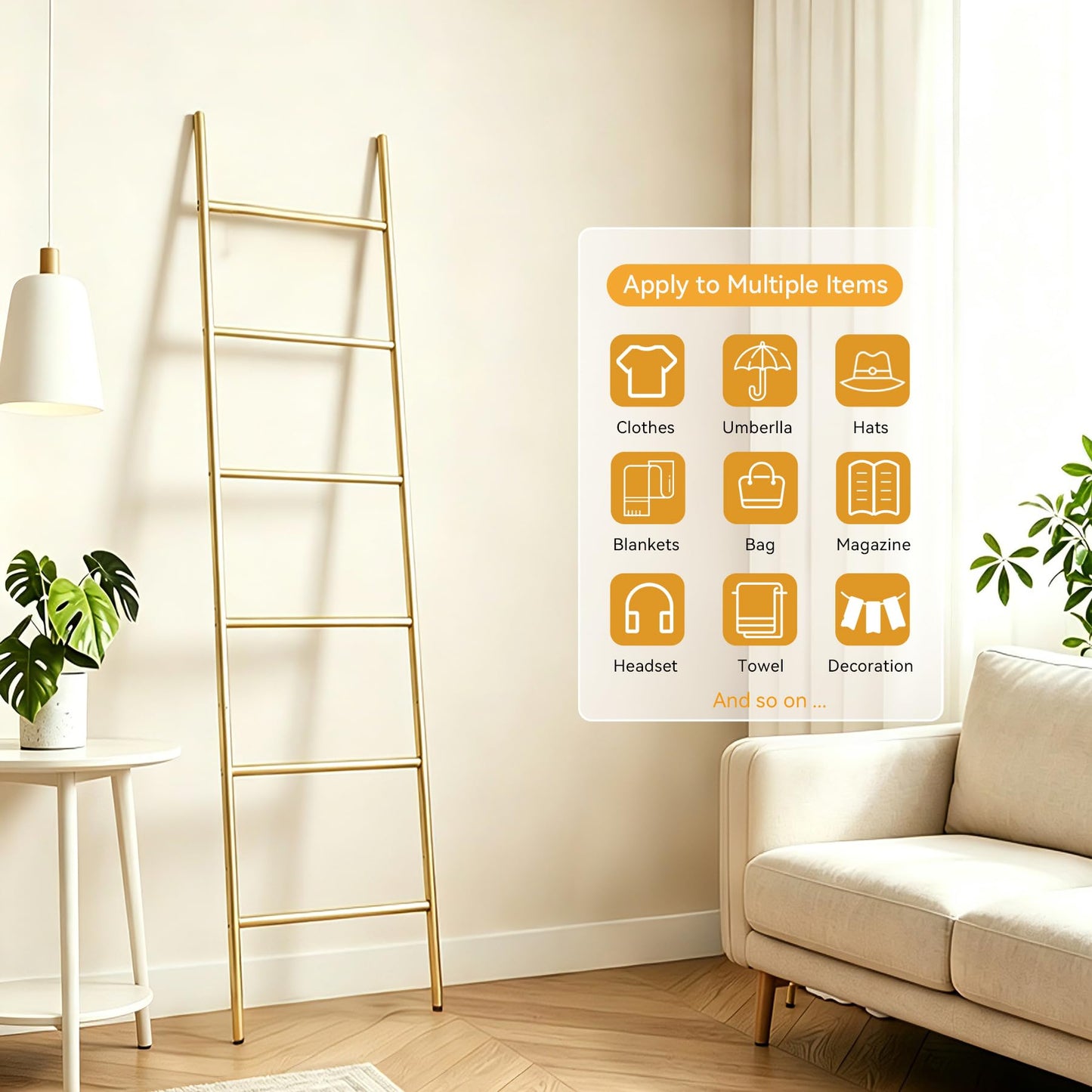6-Tier Blanket Ladder 68 Inch Wall-Leaning Towel Rack for Living Room and Bedroom, Easy Assembly - Gold