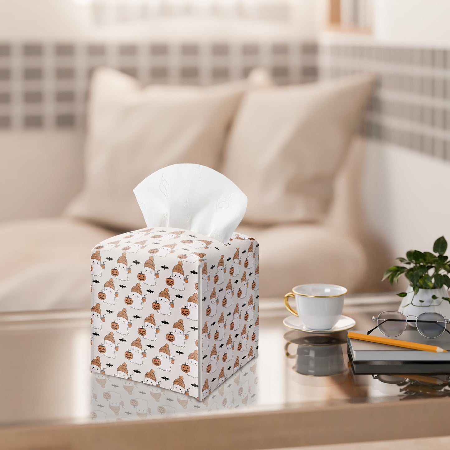 Halloween Tissue Box Holder, Cute Ghost Leather Tissue Box Cover Square, Halloween Facial Paper Organizer Dispenser Toilet Paper Holder for Bathroom Kitchen Office Home Decor-A07