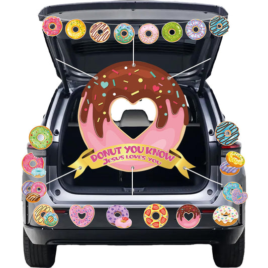 Halloween Donut Trunk or Treat Car Decorations Kit, Donut You Know Jesus Loves You Backdrop Donut Banner Stickers for Car Garage Door Decoration Halloween Party Decorations