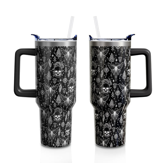 Aokoyi Goth Skull 40oz Tumbler Cup with Handle and Straw, Black Witch Gifts for Women Men, Gothic Holiday Stainless Steel Insulated Water Bottle 1PC