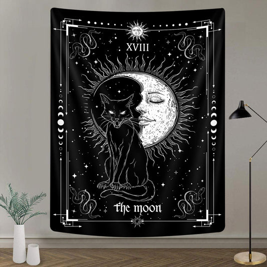 Gothic Black Cat Vertical Tapestry, Witchy Black and White Tarot Card Wing Bat Cat Cool Tapestries for Men, Moon Phases Aesthetic Anime Witchcraft Satanic Art Tapestry Wall Hanging for Bedroom Living Room Poster, 40X60Inch