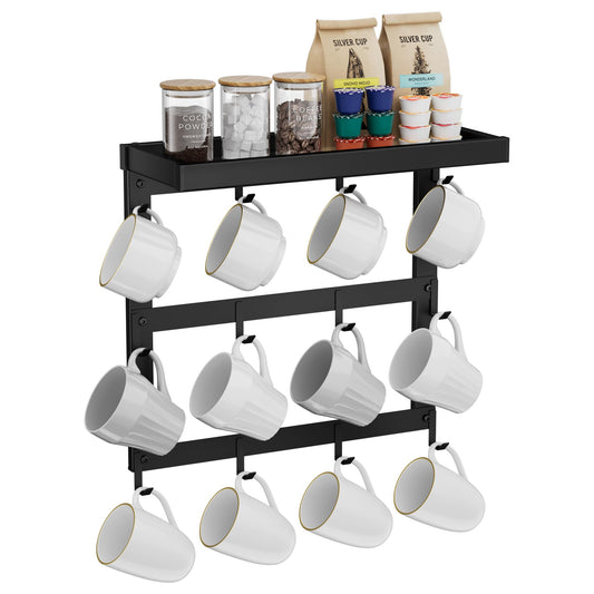 SZUGCOTD Coffee Mug Rack Wall Mounted, Rustic Metal Mug Holder Organizer with 12 Hooks and Top Shelf Cup Storage Rack for Home Kitchen Coffee Bar Station Mug Display and Collection