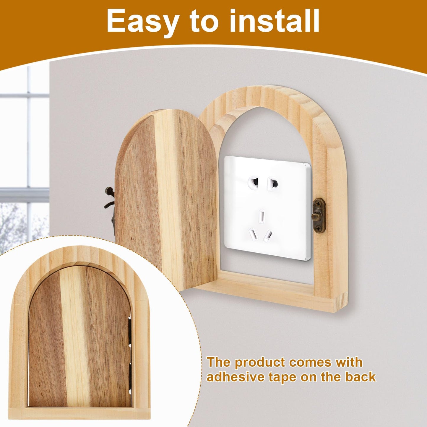 2 Pcs Fairy Door Outlet Covers, Wooden Outlet Covers, Wood Door Shape Romantic Fairy Door Outlet Cover Plate, No Drilling Outlet Cover Plates, Decorative Wall Outlet Covers for Children and Pets