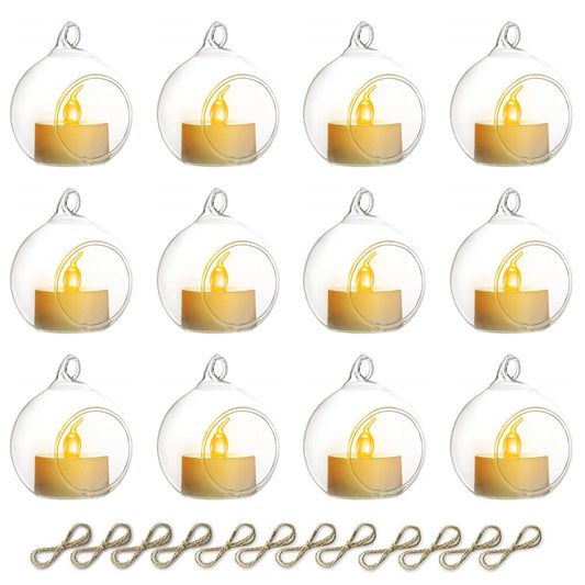 NUPTIO Hanging Glass Globe with Candles: Set of 12 Tealight Candle Holders with LED Tea Lights - 2.36 inch Bulk Clear Votive Candleholders for Party Wedding Birthday Shower Celebration Tree Decoration