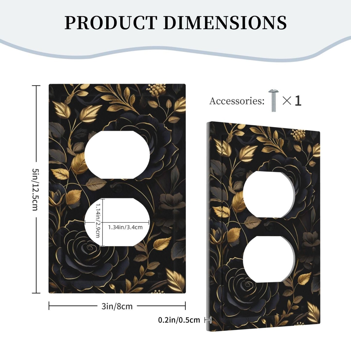WMHUSU Decorative Outlet Covers Art Big Black Flowers Golden Leaves 1 Gang Wall Plate Receptacle Duplex Light Switch Cover Plate Single Dual Plug Covers Electrical Switchplate Faceplate (2 Pack)