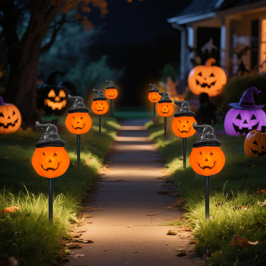 Oviejo Halloween Decorations Outdoor C7 Halloween Pumpkin Pathway Stake Lights, 7Ft Jack-o-Lantern Garden Light with 4 C7 LED Bulbs, Pathway String Lights for Outdoor Garden Walkway Party Lighting