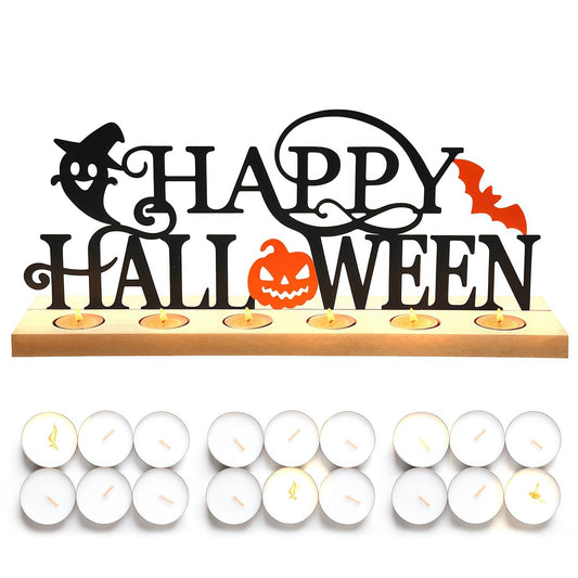 Metal Happy Halloween Sign, Tiered Tray Decor with 18pcs Tealights, Black Halloween Decorations Tea Lights Holders for Home, Office, Shelf, Mantel, Indoor, Table, Spooky Jack-o-lantern Ghost Bat Decor
