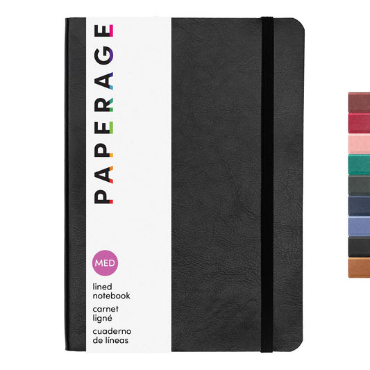 PAPERAGE Softcover Lined Journal Notebook (Black), 160 Pages, Medium College Ruled Notebook, 5.6 inches x 7.9 inches - 100 GSM Thick Premium Paper, Soft Vegan Leather Journal for Home, Work & School