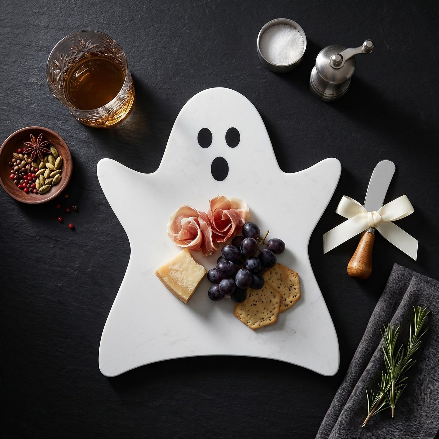 Afarnook Ghost Marble Cheese Board Charcuterie Cutting Tray with Spatula Halloween Ghost Marble Serving Decorative for Decoration Charcuterie Kitchen