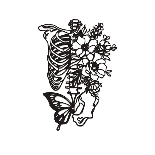 Rajukit Skull Wall Decor & Metal Butterfly Art - Gothic Skeleton Decor with Flowers, Eclectic Wall Sculpture for Bedroom & Outdoor Gothic Decor, Halloween Gifts