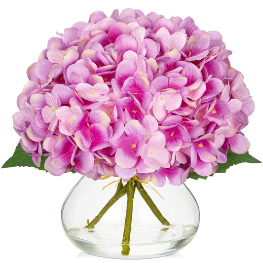 Hollyone Hydrangea Artificial Flowers with Glass Vase Purplish Pink Silk Faux Flowers Arrangements in Vase with Faux Water Fake Floral Bulk Bouquet for Home Decor Table Centerpiece Decorations