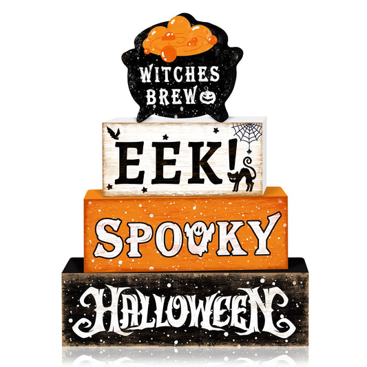 Halloween Decorations Indoor Wooden Tiered Tray Decor, 4 Pcs Vintage Halloween Table Decorations Spooky Witch Cauldron Tabletop Centerpieces for Farmhouse Home Kitchen Mantel Office