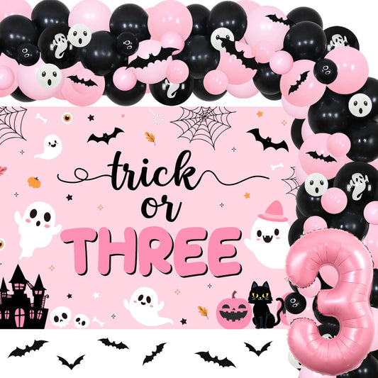 84Pcs Trick or Three Theme Halloween 3rd Birthday Party Decorations Pink Black Balloon Garland Arch Kit Number 3 Foil Balloon 3D Bat Wall Stickers for Girls Halloween Three Birthday Party Decor Favors