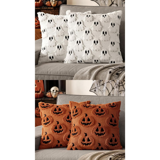 MIULEE 18x18 Inch Set of 2 Halloween White Ghost Decorative Soft Throw Pillows Bundle Rust Decorative Pumpkin Pattern Pillow Covers Plush Faux Fur Wool