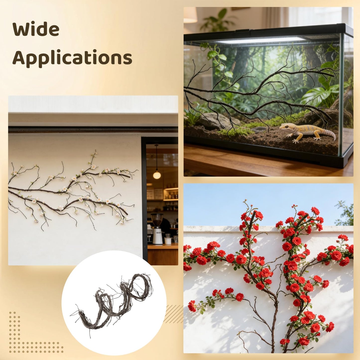 9.8 Ft Brown Artificial Grapevine Garland, Small Faux Tree Trunk Garland with Flexible Branches, Realistic Reptile Habitat Decoration for Wedding, Party, Home Decor