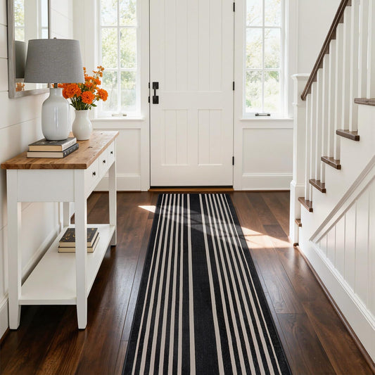 Beeiva Striped Runner Rug for Hallways, 2x6 Washable Runner for Entryway, Black and White Bathroom Runners Non Slip Soft Low Pile Vertical Striped Geometric Print Carpet Rugs for Kitchen Laundry Porch