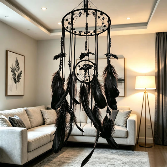 Remorlet Halloween Gothic Black Dreamcatcher with 5 Bat Ornaments - Wall Hanging for Witchy Home Outdoor Decor, Halloween Bat Decor, Dark Gothic Gift, Goth Wall Hanging Decor