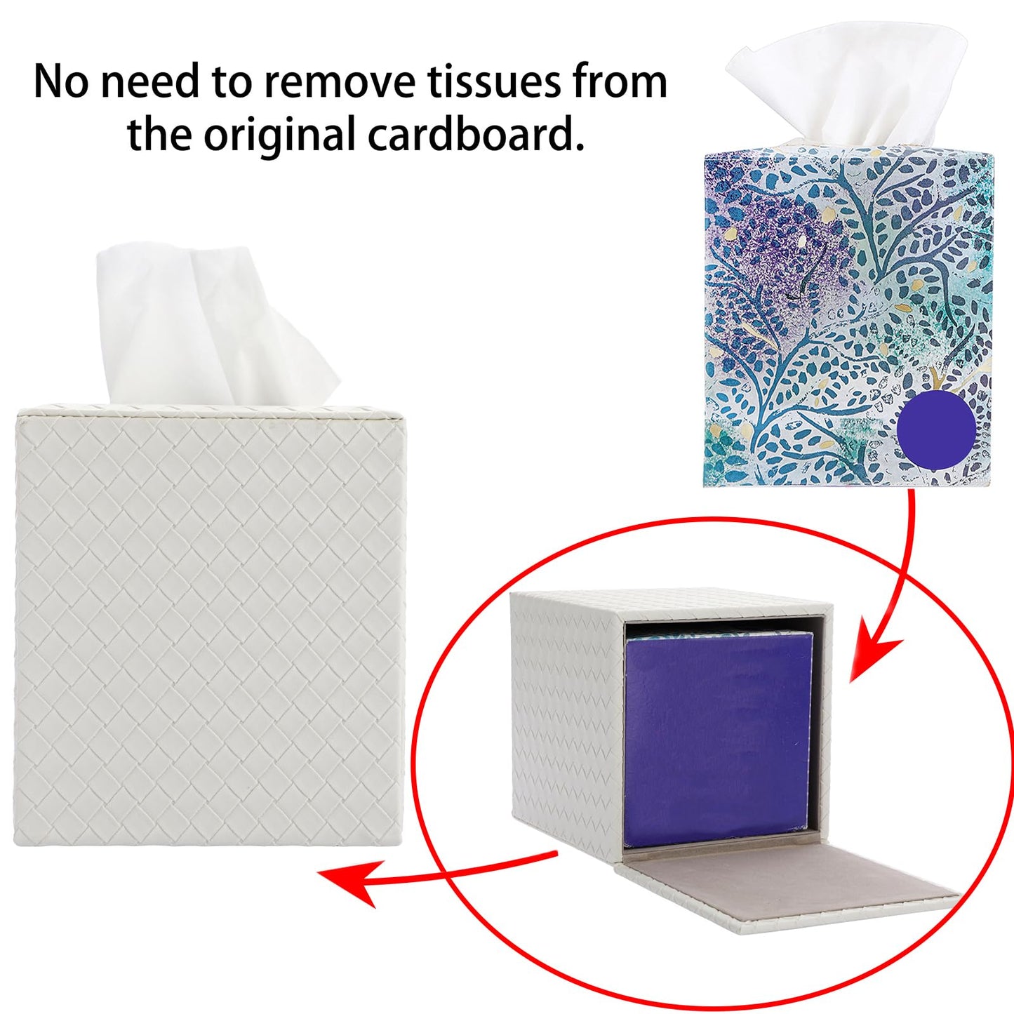 Sumnacon Tissue Box Cover Square Tissue Box Stylish PU Woven Lozenge Pattern Tissue Box Holder with Magnetic Bottom,Cube Leather Tissue Cover for Living Room Bathroom Table Desk Home Office Car,White