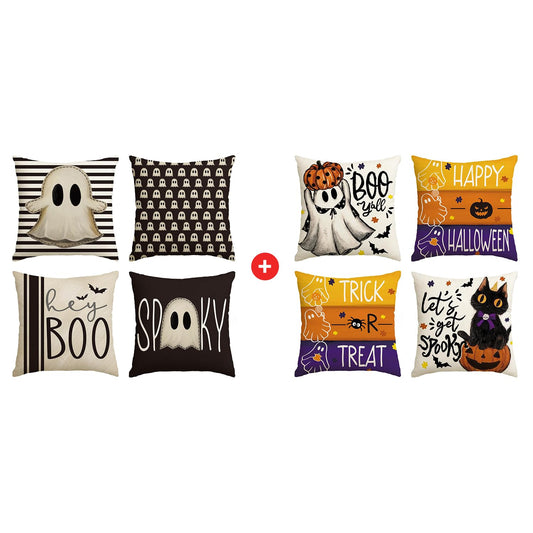 AVOIN colorlife Halloween Hey Boo Cute Ghost Spooky Throw Pillow Covers, 18 x 18 Inch Trick or Treat Let's Get Spooky Cushion Case for Sofa Couch Set of 8
