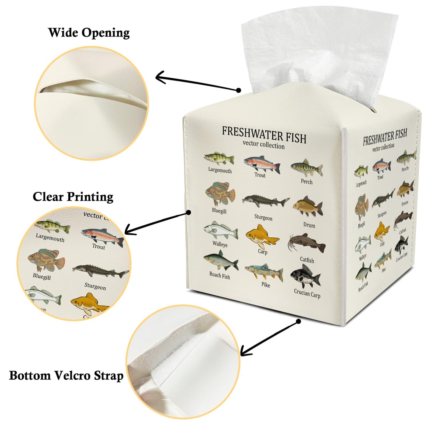Freshwater Fish Leather Tissue Holder with Bottom Belt Ideal for Women Housewarming Gift Tissue Box Cover Bathroom Car Nightstand Vanity Kitchen Decor Waterproof Napkin Organizer Dispenser - FS719