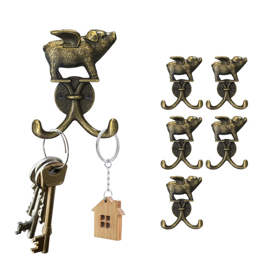 KOXHERO Cute Flying Pig Decorative Wall Double Hook for Hanging Coat Keys Hats Towel Small Vintage Zinc Alloy Multi-Purpose Hook for Farmhouse Bathroom Kitchen Kids Room (Bronze 6Pcs)