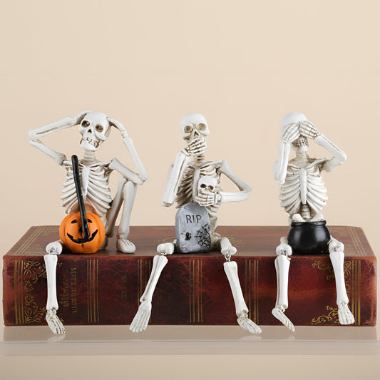 LemonRoad Set of 3 Skeletons Statue Hear See Speak No Evil Statue Figurines Resin Realistic Skull Decorations for Horror Haunted House Gothic Home Decor Party Favors(Hanging Feet Style)