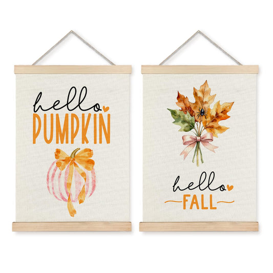 JINYO Hello Fall Pumpkin Maple Leaf Wall Art Poster, Preppy Fall Decor, Hello Pumpkin Autumn Canvas Prints Wall Decor for Home Living Room Kitchen Office, 12x16 Inches Set of 2