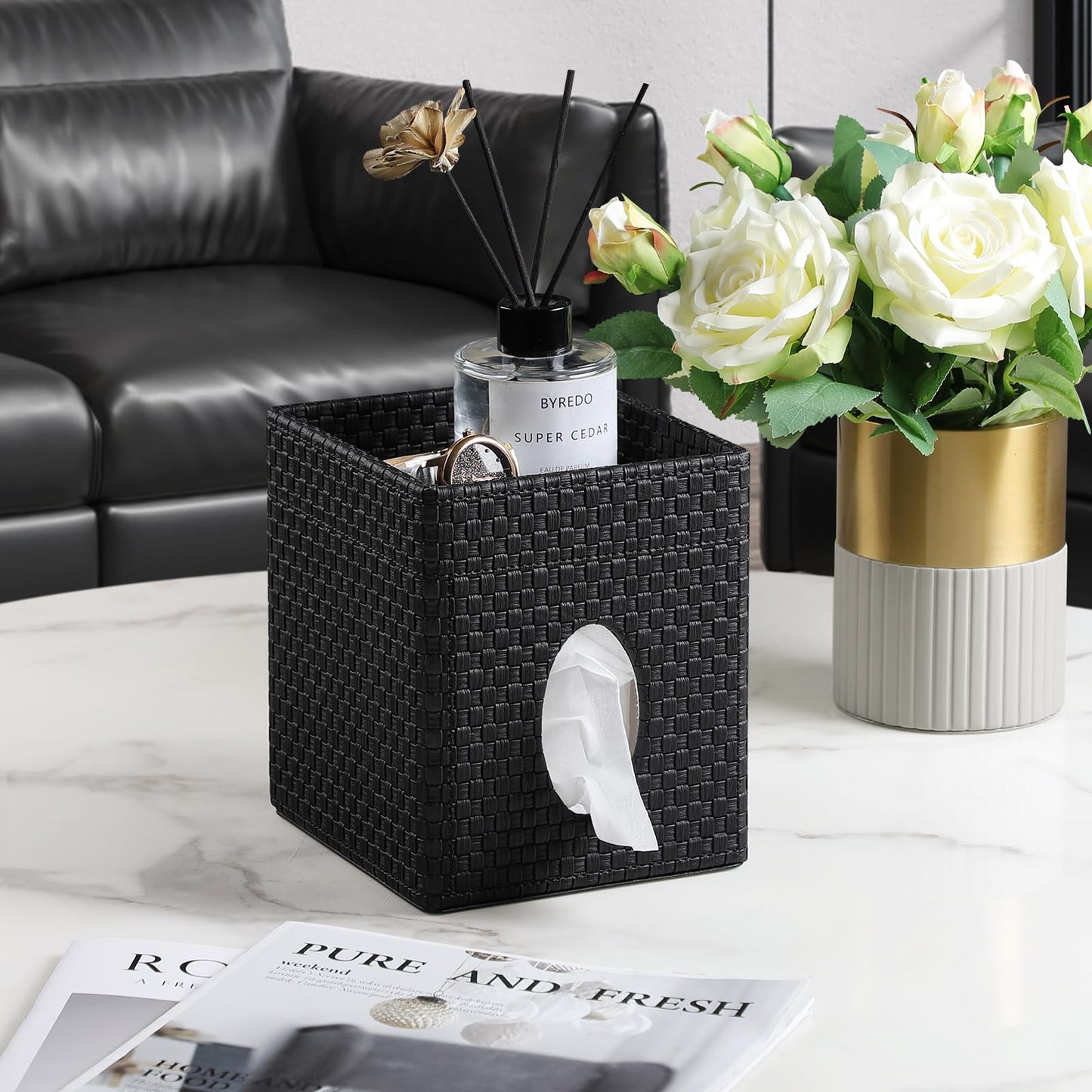 Square Tissue Box Cover, Stylish Leather Tissue Box Holder with Storage Tray, Decorative Tissue Rack Storage Box for Living Room, Bedroom, and Office Desk(Black Woven Pattern)