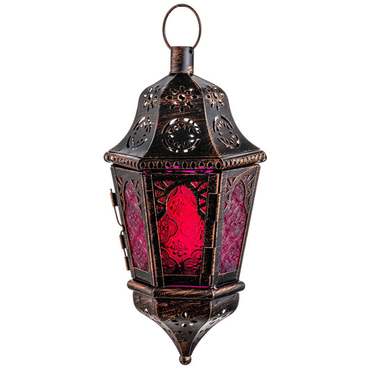 DECORKEY Moroccan Decorations, Lantern Decorative Indoor & Outdoor, 13.6’’ Vintage Decorative Hanging Lantern with Chain for Home Porch Patio Decor, Metal Ramadan Christmas Candle Holders(Plum Red)