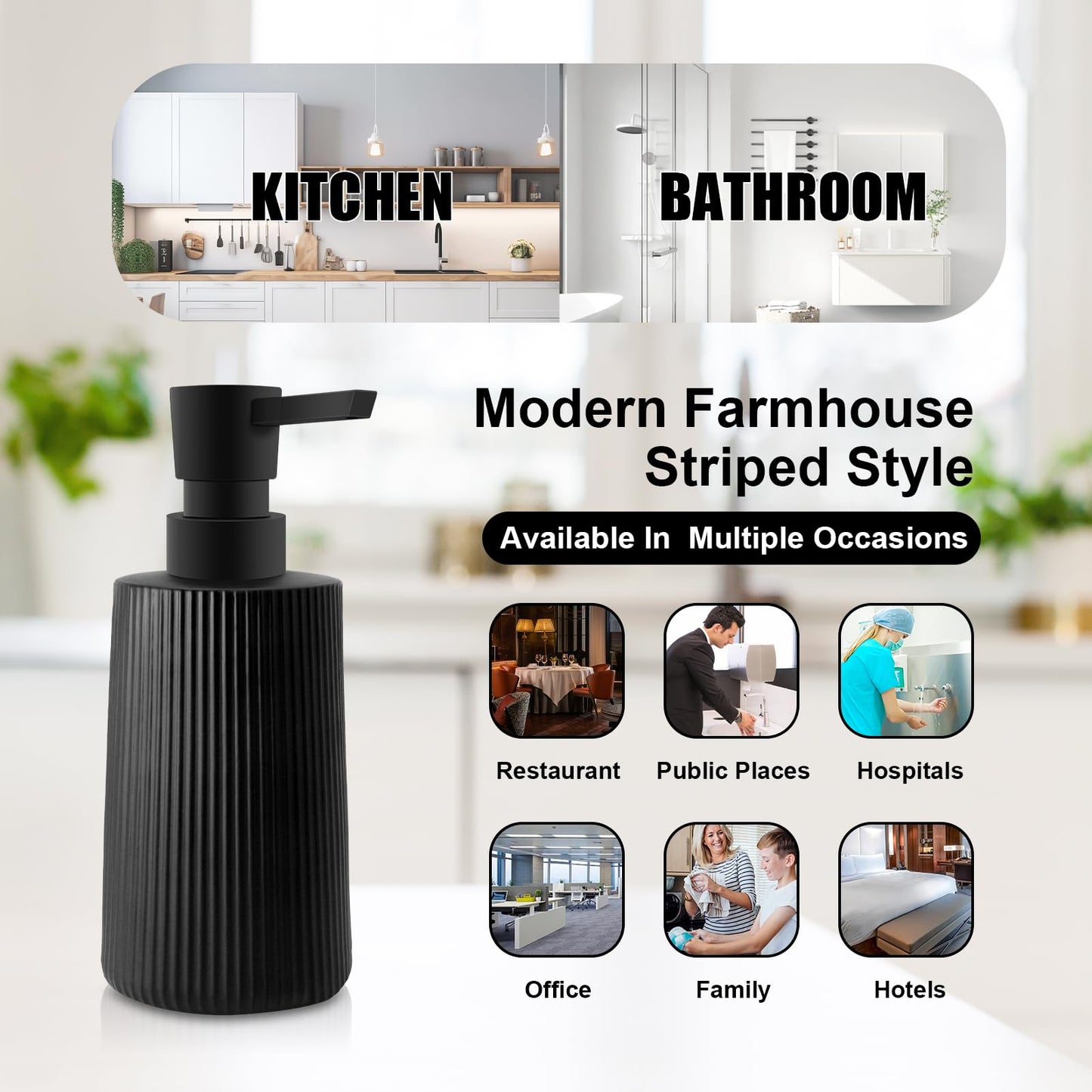 Mamiddle Glass Soap Dispenser for Bathroom, 250ml/8.5oz Dish Soap Dispenser with Pump for Kitchen, Modern Minimalist Stripe Style Hand Soap Dispenser, Small Refillable Soap Dispenser (Black 2pcs)