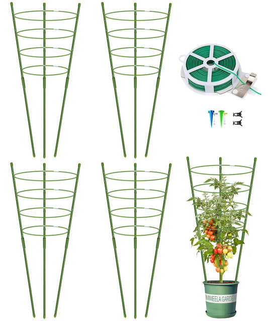 Mimeela 4 Pack Garden Plant Support Tomato Cage, Upgrade 36'' Trellis for Climbing Plants, Plant Trellis Kits with 4 Self Watering Spikes and 20 Plant Clips (36'') (Upcage-4T-23)