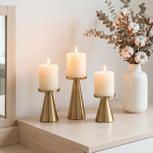 Gold Iron Plate Candle Holder Set of 3-4 & 4.7 & 6.4 Inch Tall, Decorative Iron Pillar Candle Plate, Elegant Candle Stand for LED & Wax Candles, Incense Cones, Spa, Weddings (Candles Not Including)