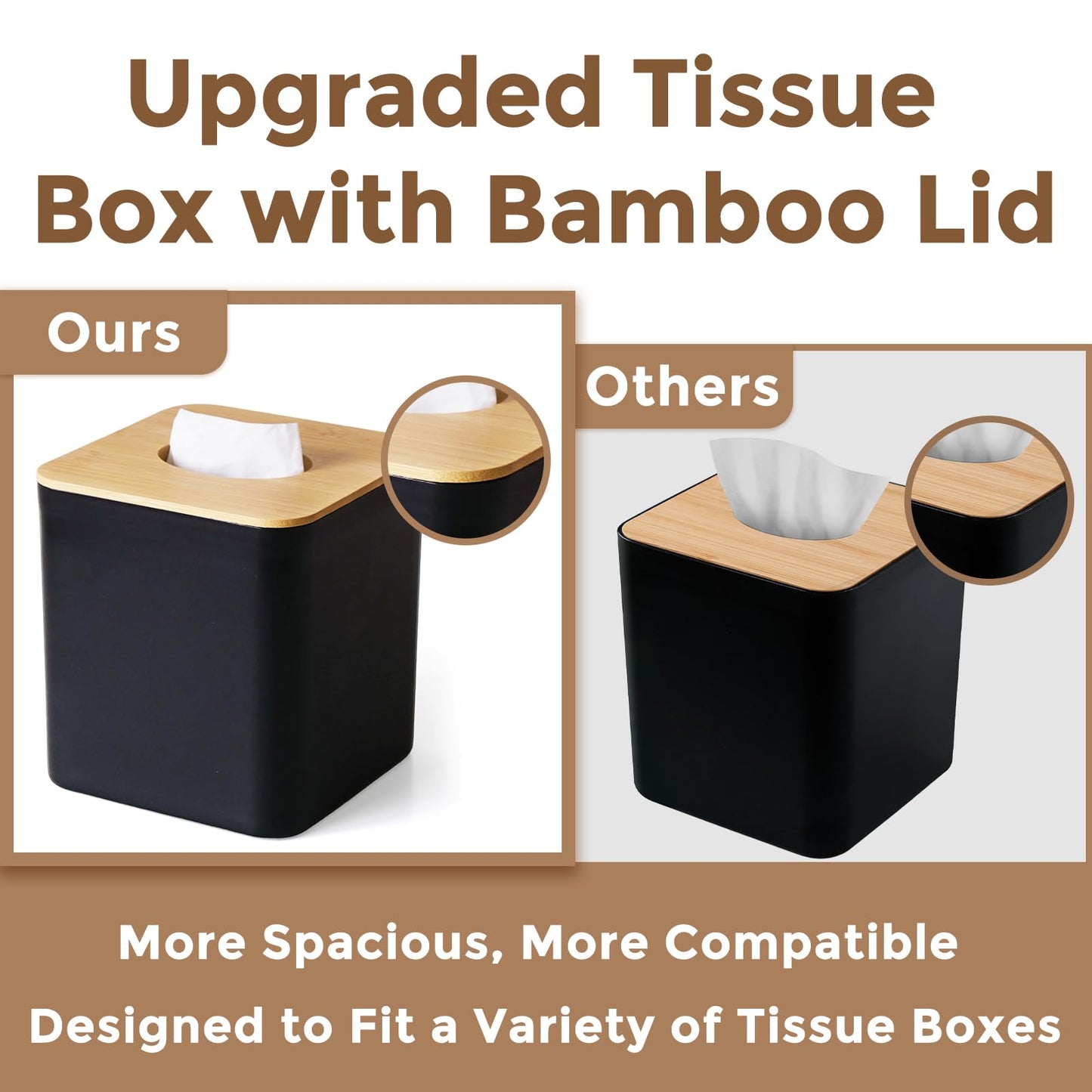 Tissue Box Cover Square, Modern Black Facial Tissue Holder with Bamboo Lid