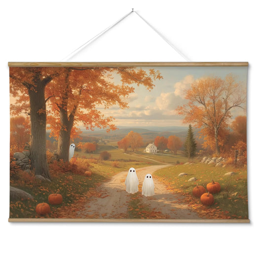 ARPEOTCY Extra Large Vintage Framed Wall Art, 36x54 Inch Halloween Wall Art Canvas, Vintage Autumn Landscape with Cute Ghosts and Pumpkins, Large Farmhouse Fall Wall Decor for Living Room Fireplace Entryway