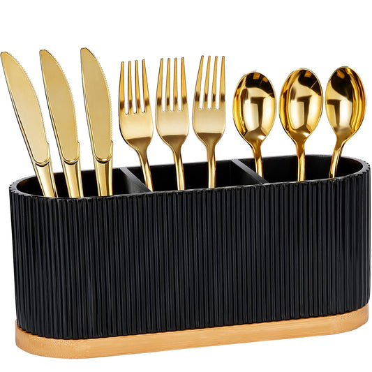 HouseJoy Countertop Silverware Holder, Silverware Caddy Organizer Holder for Forks, Spoons, Knives, Cutlery Caddy with 3 Compartments, Kitchen Utensil Holder for Party, Countertop, Black