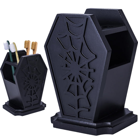 Gothic Decor Coffin Toothbrush Holder - Halloween Goth Bathroom Decor Brush Holder for Oddities and Curiosities - Spooky Pen Organizer for Kids and Adults - Witchy Gifts for Women